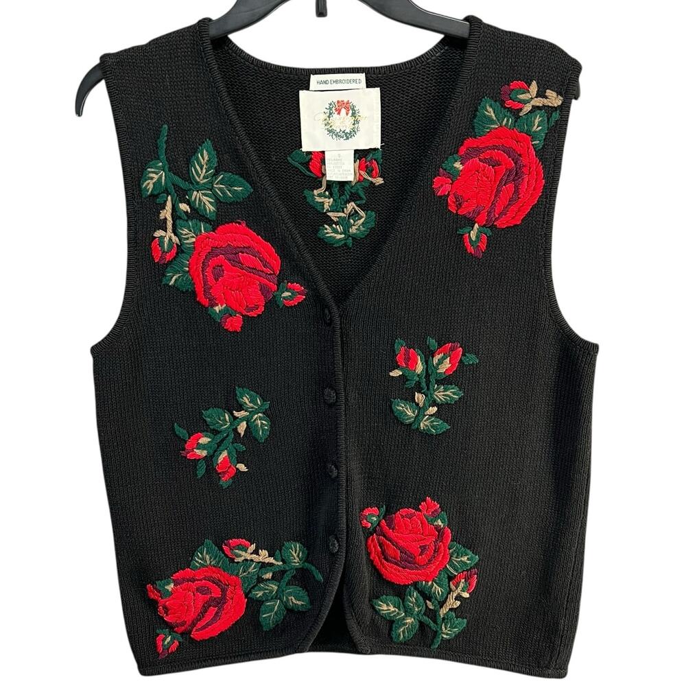 Christopher & Banks Vintage Sweater Vest Small Hand Embroidered Floral Holiday - Picture 1 of 12